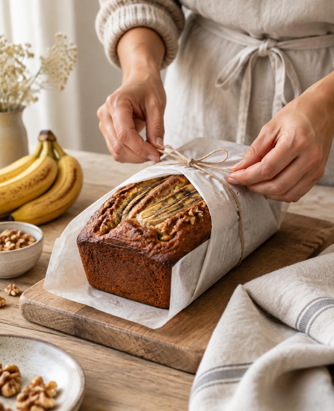 Wrapping a finished banana bread