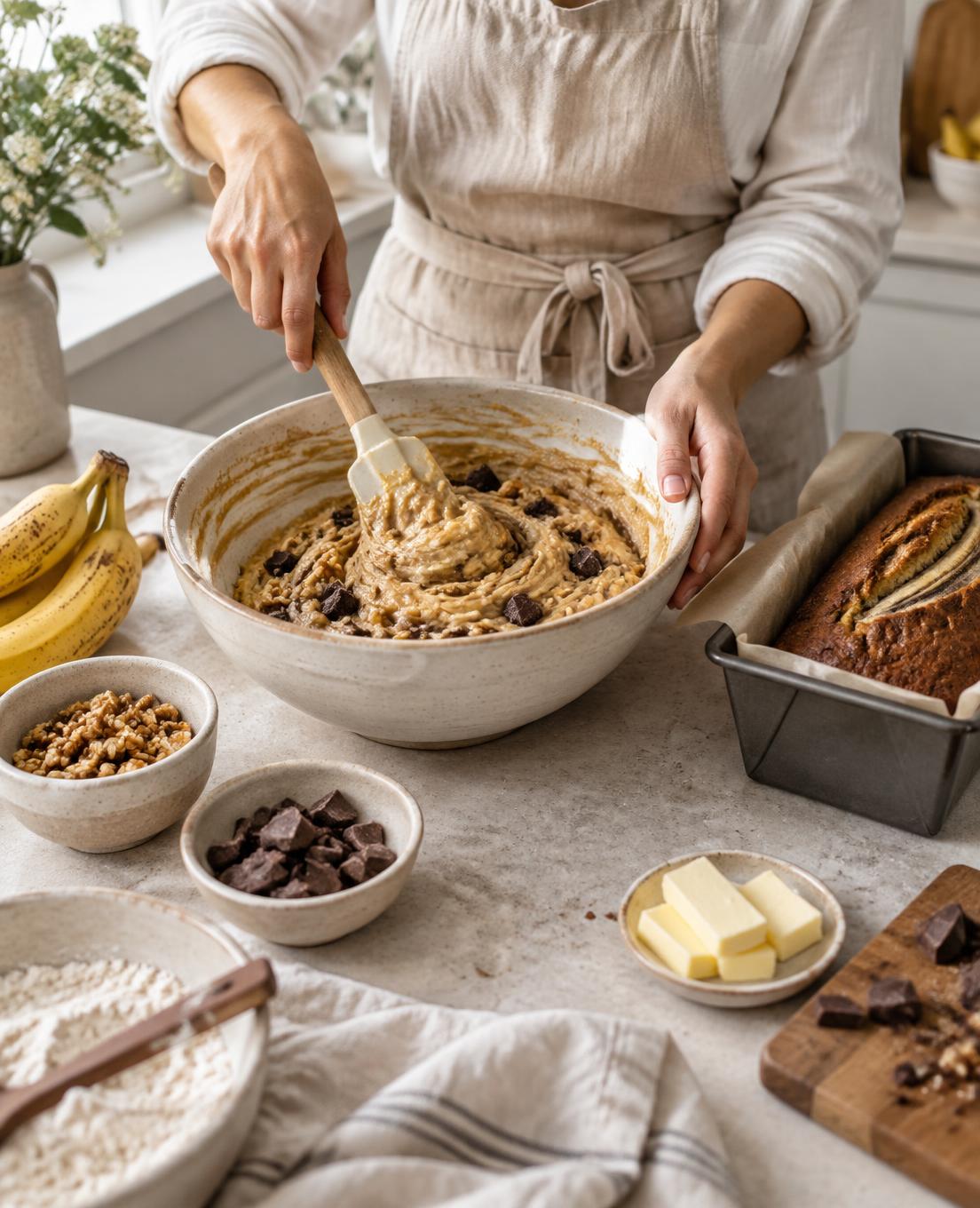 Mixing banana bread by hand